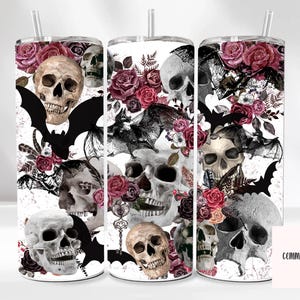 Halloween 20oz Tumbler, Skelton Flowers Bats Tumbler, Spooky Tumbler, Scary Skeleton Tumbler, Skeleton Clip Art, Ready to Ship