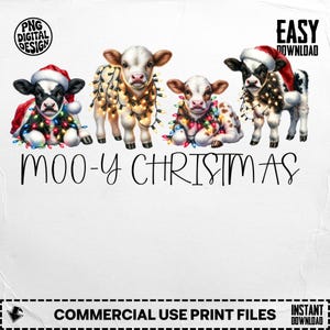 Moo-y Christmas Png, Christmas Cows Png, Baby Cows With Christmas Lights, Christmas Digital Download Png, Digital Art