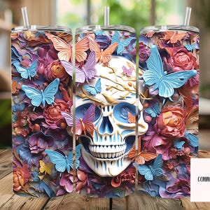 Skeleton 3D with Butterflies Retro Halloween Skeleton Season 20oz Tumbler, Pastel Vibe Ready to Ship, Skeleton Tumbler, Skeleton Cup