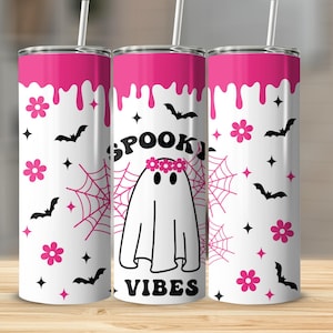 Halloween Tumbler 20oz Spooky Vibes Cute Ghost Cup, Halloween Tumbler, Pink Drip Tumbler, Bat Tumbler, Fall Tumbler, Ready to Ship