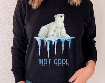 Not Cool Polar Bear Melting Iceberg Unisex Comfort Colors Long Sleeve Shirt, Global Warming Environmental Conservation Polar Bear Shirt