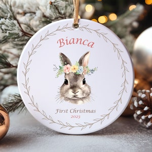 Personalized Baby's First Christmas Woodland Bunny Ornament, Personalized Baby Girl Ornament, Custom Ornament Woodland Bunny Floral