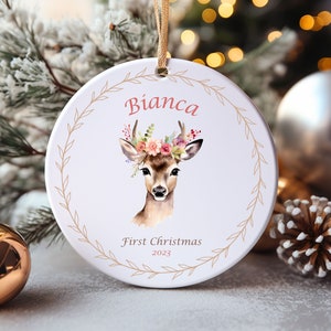 Personalized Baby's First Christmas Woodland Deer Ornament, Personalized Baby Girl Christmas Ornament, Custom Ornament Woodland Deer Floral