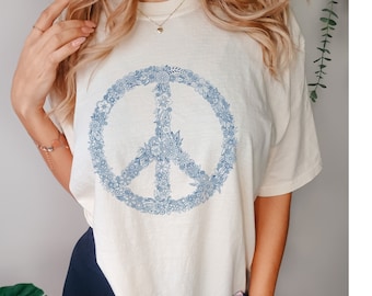 Floral Peace Sign Comfort Colors T-shirt, Comfort Colors Navy Floral Boho Shirt, Peace Sign With Flowers Boho Comfortable T-shirt