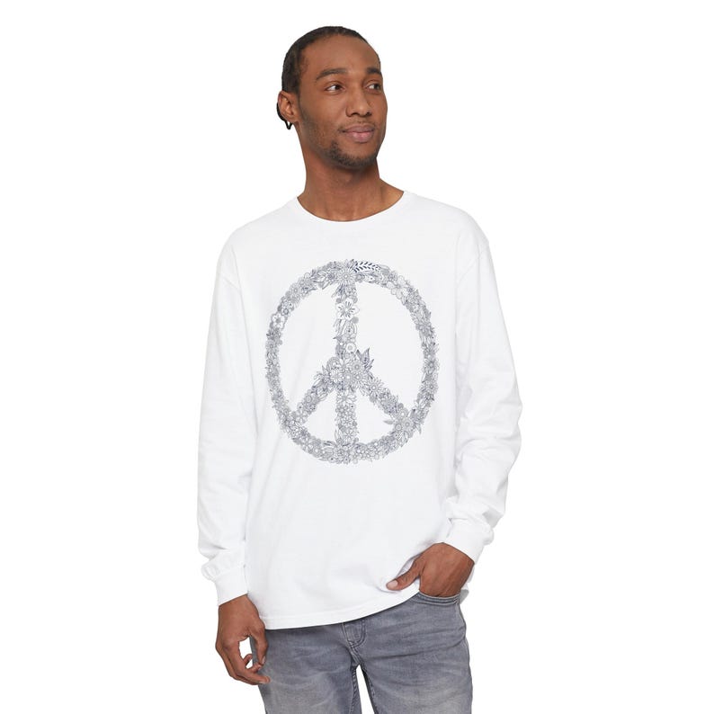 Floral Peace Sign Unisex Comfort Colors Long Sleeve Shirt, Long Sleeved Comfort Colors Boho Navy Peace Sign, Mother's Day Gift Flowers image 2