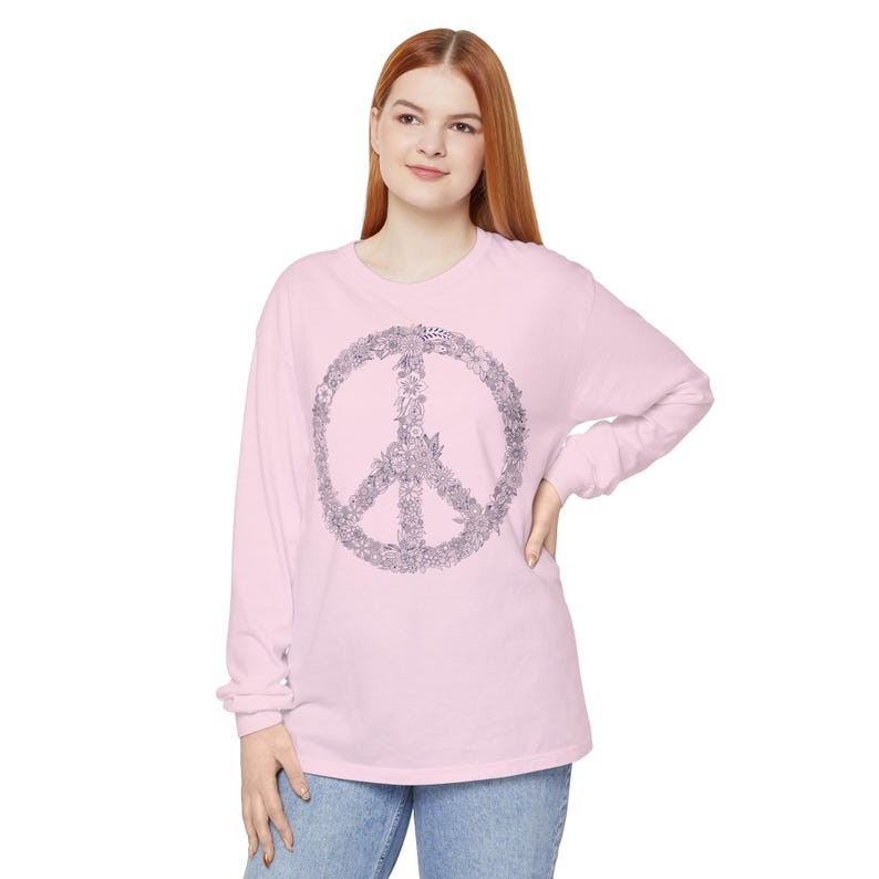 Floral Peace Sign Unisex Comfort Colors Long Sleeve Shirt, Long Sleeved Comfort Colors Boho Navy Peace Sign, Mother's Day Gift Flowers image 4