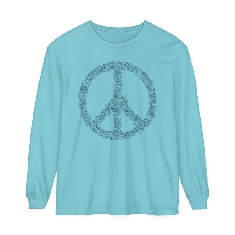 Floral Peace Sign Unisex Comfort Colors Long Sleeve Shirt, Long Sleeved Comfort Colors Boho Navy Peace Sign, Mother's Day Gift Flowers image 3