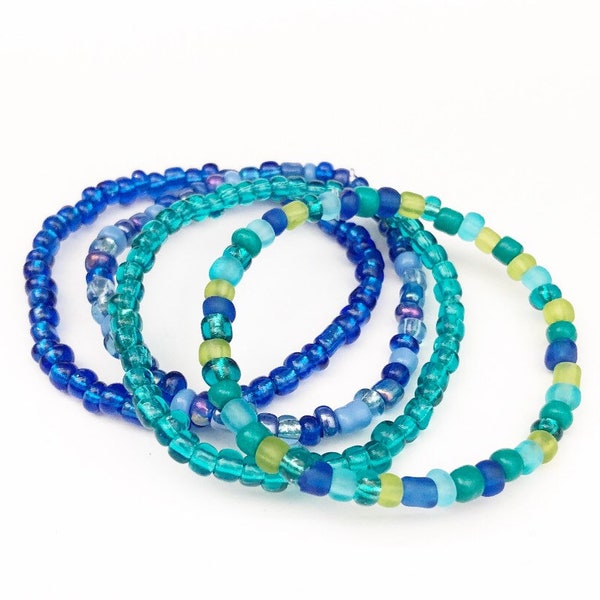 Under the Sea Set of 4 - Seed Bracelets - Mermaid Bracelets - Blue and Green Stackers - Girls Bracelets