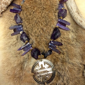 Amethyst and Fluorite Necklace with Gold tone Pendant