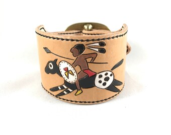 Hand Carved Charging Brave Leather Cuff