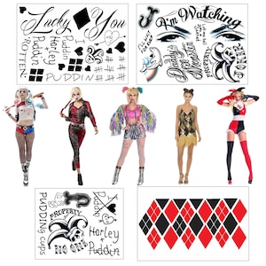 Updated Harley Quinn Costume Temporary Tattoos - 4 Sheets w/ 30+ Tats! - Super Realistic - Easy to Apply & Remove