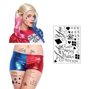 Harley Quinn Costume Temporary Tattoos -  Face, Waist, & Leg Tats - Harley Quinn Costume / Cosplay - Ready to Wear