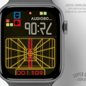 May include: A digital watch face with a retro video game aesthetic. The watch face displays a grid design with a red and yellow color scheme, along with the text "AUDIOBO..." and the time "90:24". The bottom of the watch face reads "001 109".