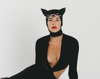 Máscara de gato de terciopelo negro Love Kitten: disfraz de Catwoman con diamantes de imitación