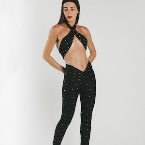 Sandy Disco Black Leggings. Shiny Spandex Rhinestone Pants. Disco outfit. Studio 54. 70s black legging pants. Bedazzled Leggings. Partywear.