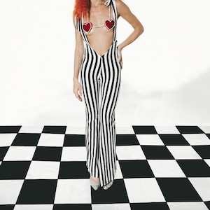 Pantalones acampanados de spandex a rayas Ringleader con tirantes: disfraz de payaso de circo