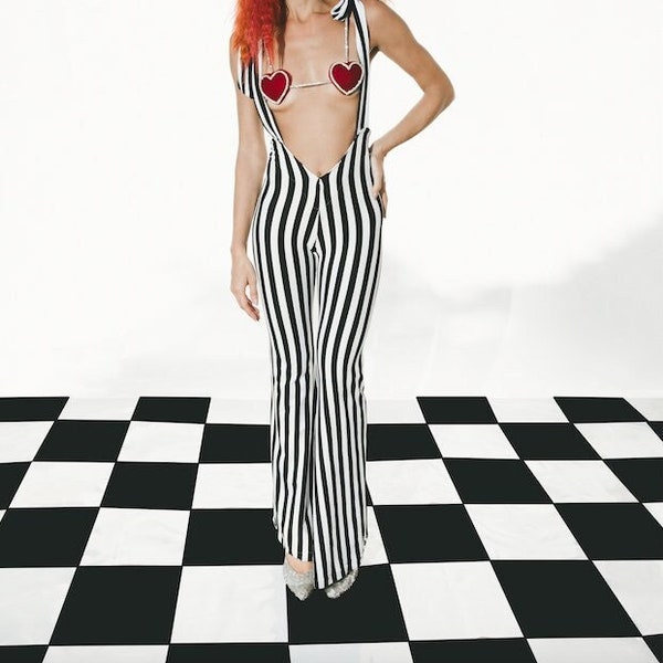 Ringleader Striped Spandex Bell Bottom Pants with suspenders: Circus Clown Costume
