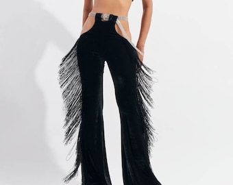Texas Hold’Em Black Fringe Velvet Cowboy Chaps: Cowgirl Costume