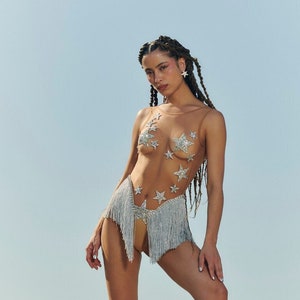 The Starshine Bodysuit. Star Tule bodysuit with silver fringe. Cabaret costume. Showgirl cabaret bodysuit. Burning Man. Festivalwear.