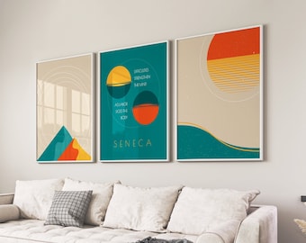 Bauhaus 3 Piece Wall Art Prints, Retro Print Set, Stoicism Poster, Seneca Motivational Quote, Colorful Geometric Wall Decor