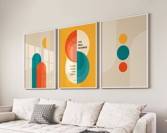Bauhaus 3 Piece Wall Art Prints, Retro Print Set, Stoicism Poster, Marcus Aurelius Motivational Quote, Colorful Geometric Wall Decor