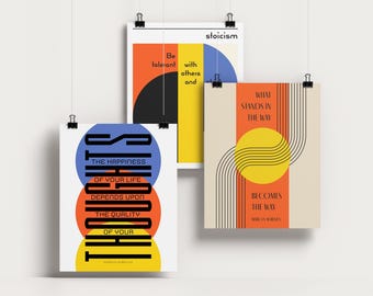 Bauhaus Posters Set of 3, Stoicism Marcus Aurelius Quote Art Prints, Motivational Gallery Wall, Retro Minimalism Exhibition Dorm Room Decor