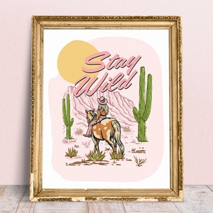 Pink Cowgirl Print, Coastal Cowgirl Poster, Stay Wild Vintage Country Girl Art, Trendy Western Wall Decor for Dorm Room, Gallery Wall