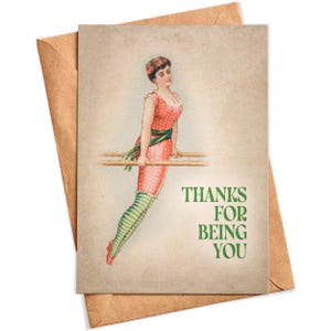 Thanks For Being You Greeting Card - Funny Vintage Gymnast A2 Blank Card with Envelope