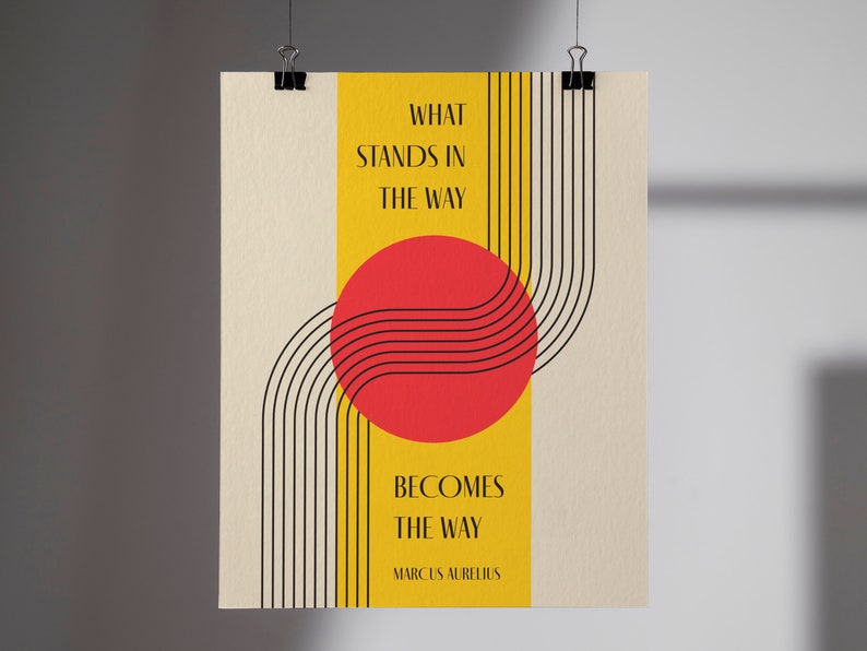Stoic Philosophy Art Print: Marcus Aurelius Quote, Bauhaus Design Yellow Red