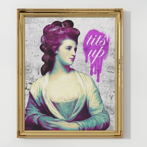 Impresión artística de pared divertida y colorida con tetas arriba / Póster de estilo grafiti rosa, arte pop clásico alterado / Galería de pared maximalista de neón de moda