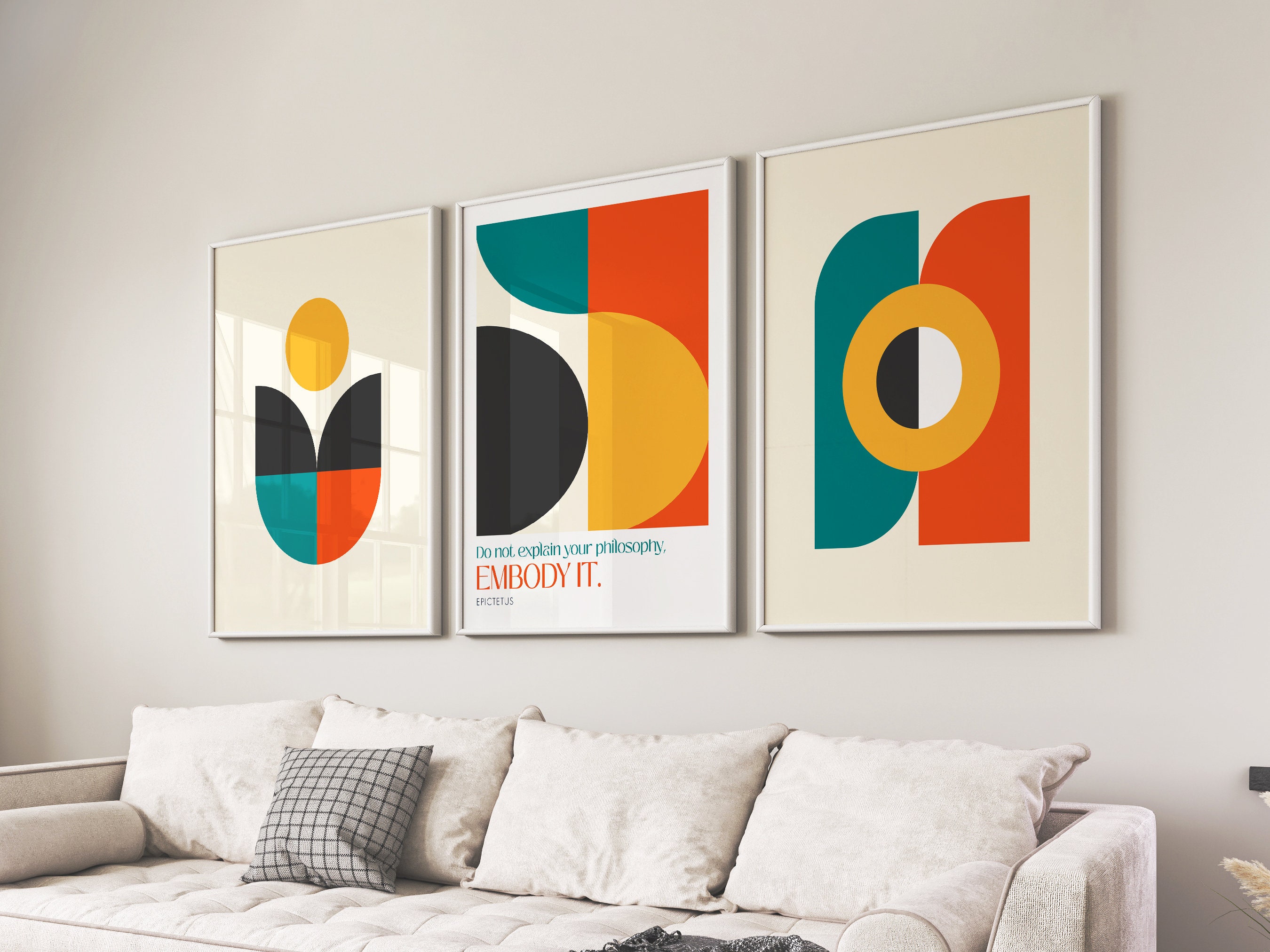 Bauhaus 3 Piece Wall Art Prints, Retro Print Set, Stoicism Poster, Epictetus Motivational Quote, Colorful Geometric Wall Decor