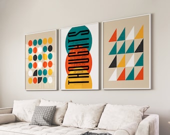Bauhaus Print Set, Marcus Aurelius Quote 3 Piece Wall Art Prints, Stoicism Poster, Retro Motivational Set of 3 Colorful Geometric Wall Decor