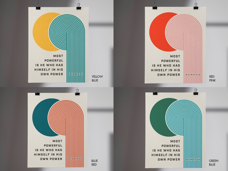 Puede incluir: Cuatro carteles con un dise&ntilde;o minimalista, cada uno con un c&iacute;rculo y una forma arqueada a rayas. Los carteles muestran la cita "EL M&Aacute;S PODEROSO ES EL QUE SE TIENE A S&Iacute; MISMO EN SU PROPIO PODER" con el nombre "S&Eacute;NECA". Los esquemas de color son amarillo/azul, rojo/rosa, azul/rojo y verde/azul.