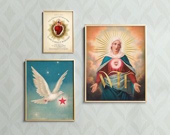 Ensemble d'impressions d'art classiques modifiées : affiches vintage Sacré-Cœur et colombe