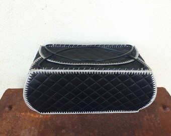Black retro padded sewing basket/handbag/wool holder/costetic case emo/goth/punk blue floral lining