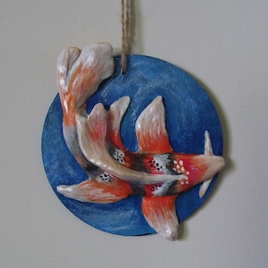 Koi Fish bas relief decorative hand sculpted clay ornament