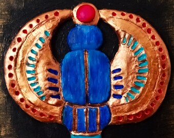 Scarab wood faux ancient Egyptian tile bas relief clay sculptured and hand painted decorative ornament