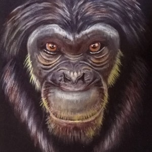 May include: A close-up portrait painting of a chimpanzee with dark brown fur, a light brown face, and bright orange eyes. The chimpanzee is looking directly at the viewer with a slight smile.