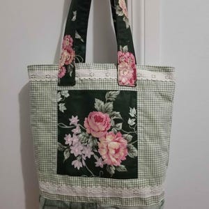 Sac fourre-tout, Marketplace, Cartable, Sac à main, Porte-monnaie, Matelassé, Artisanal, Neuf, Carreaux verts, Floral