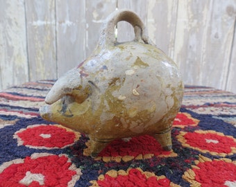 Antique Tonala Hand Painted Mexican Pottery Piggy Bank, Small Antique Clay Pottery Piggy Bank Very Old