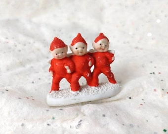 Antique GERMAN Bisque Snow Babies in Red, 1920s TINY German Red Snowbaby Elf, Three Red Snow Babies Arm in Arm
