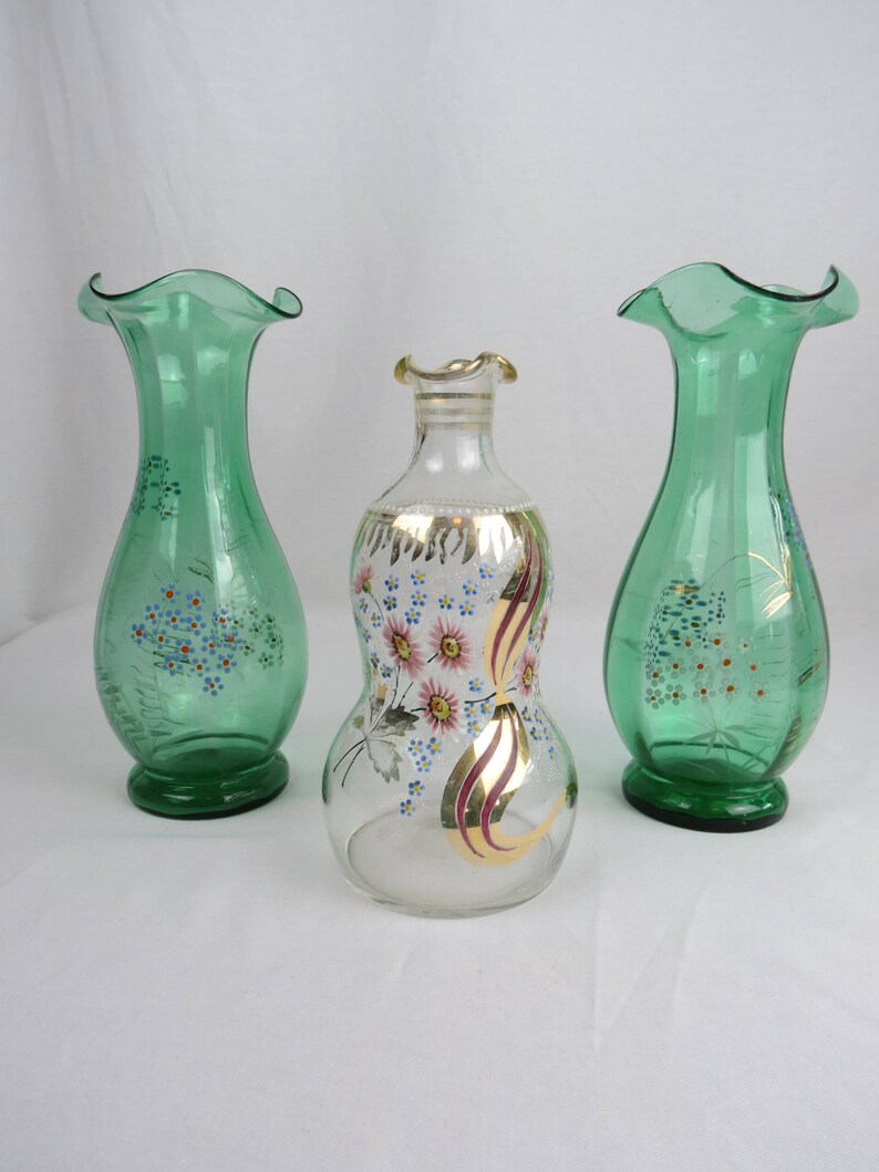 Pair Of Antique Green Venetian Glass Vases With Enamel Flowers Etsy