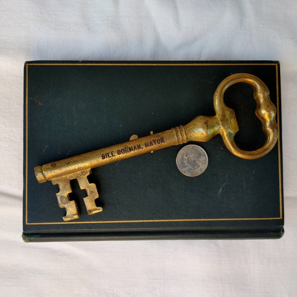 Extra Large Vintage Brass Skeleton Key Stamped Bill Gorman Mayor and City of Hazard, 7 inch Key to the City of Hazard