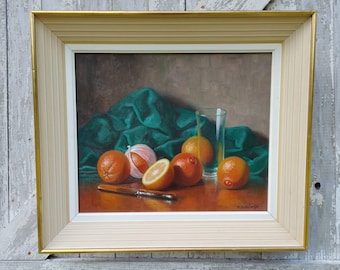 Vintage Realism Mid Century Oil Painting Still Life by F. Domingo, Oil Still Life of Oranges and Glass Francisco Domingo Y Segura