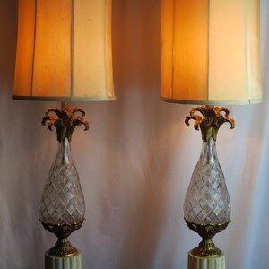 Fabulous Pair of Hollywood Regency Crystal Pineapple Lamps/ Vintage Crystal, Plaster, & Metal Pineapple Lamps / MCM Crystal Pineapple Lamps