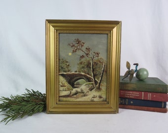 Antique Oil Landscape Painting on Board of Bridge and Figures in Gilt Wood Frame, Antique Oil Winter Bridge Landscape 11" x 9"