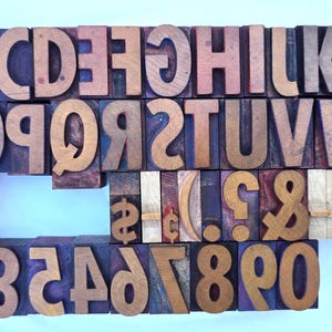 May include: A collection of vintage wooden letterpress blocks arranged in a grid, featuring the uppercase alphabet from A to Z, the numbers 0 through 9, and various punctuation marks including a dollar sign, ampersand, and parentheses.