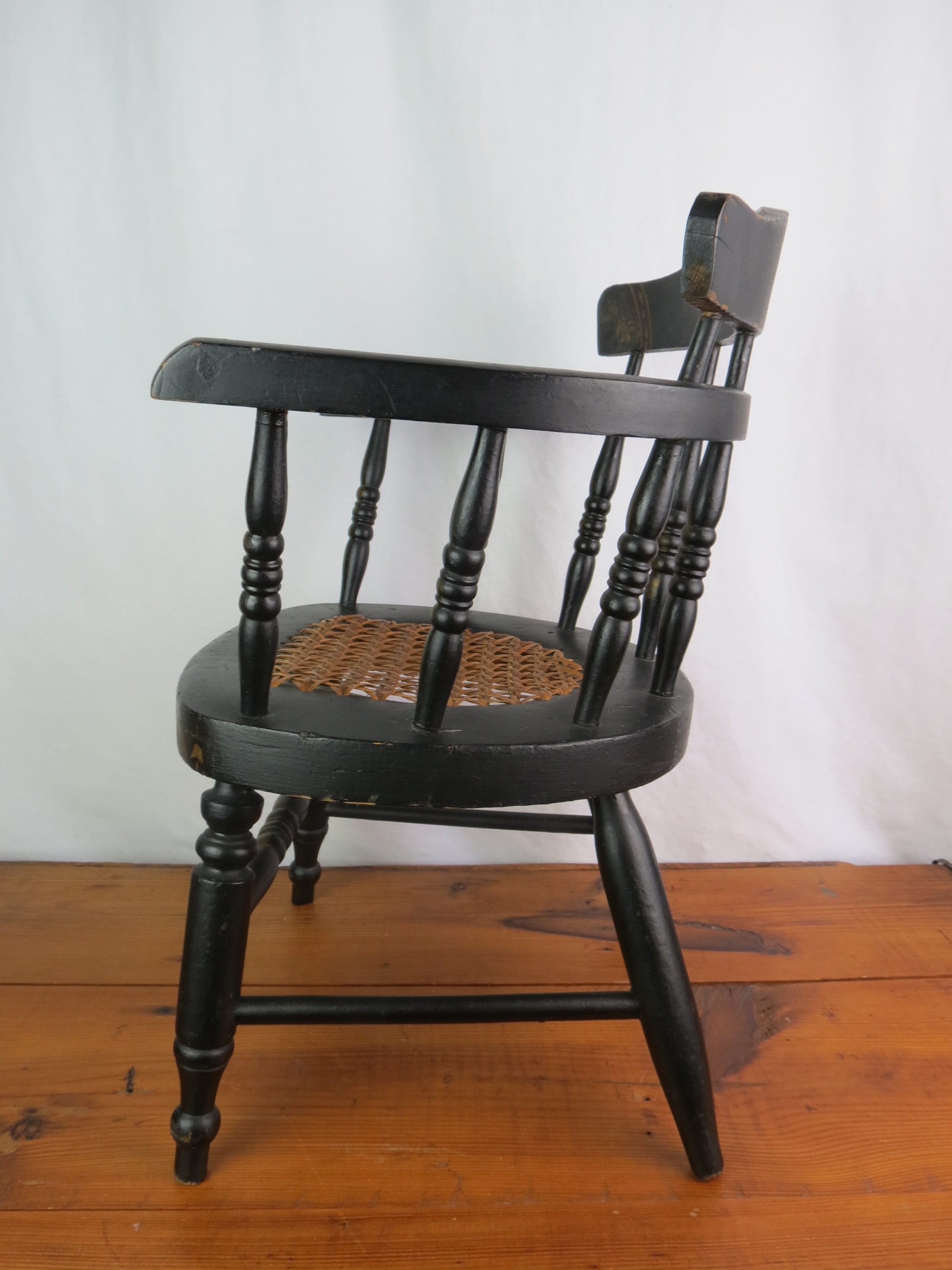 Antique Child s Tole Painted Captain s Chair W French Caned Seat Victorian Black Captains Chair W Turned Spindles and Hand Painted Accents Etsy