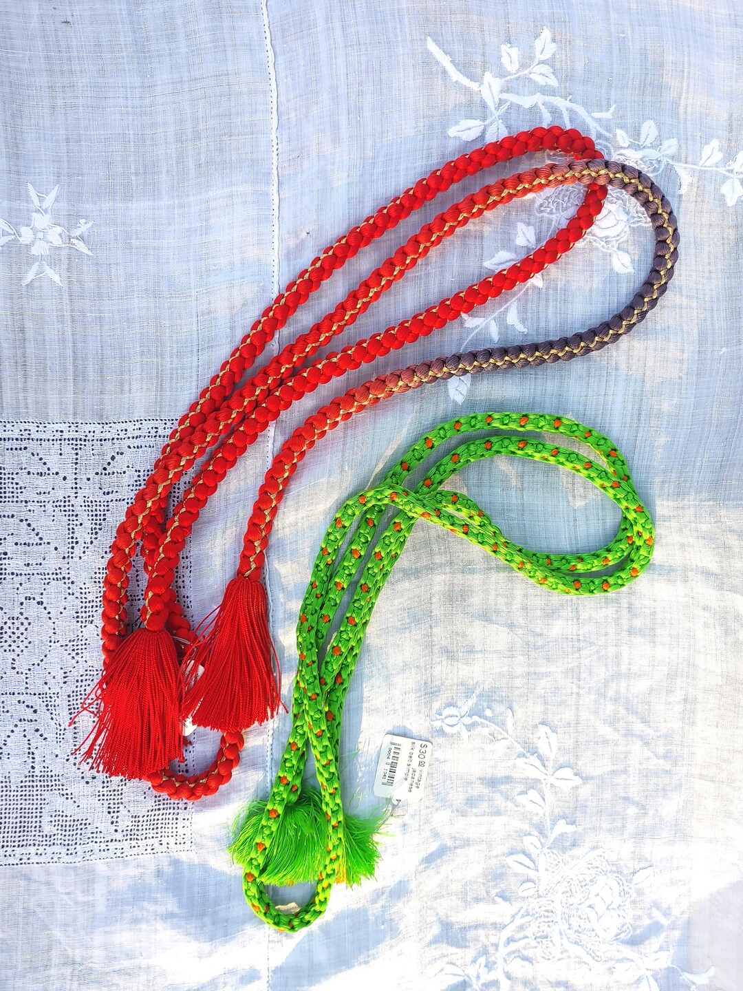 Two Beautiful Vintage Silk Obijime, Red and Green Silk Obijime, Obijime ...