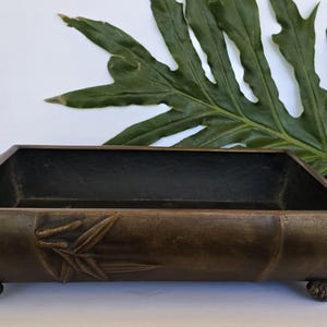 May include: A rectangular bronze planter with a bamboo design and four feet. The planter is empty and has a dark brown patina.